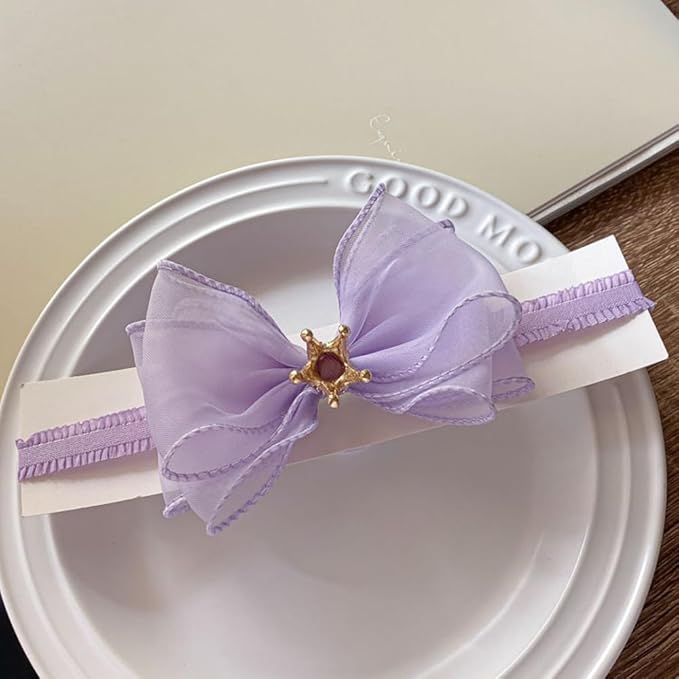 Cute Baby Girl Headband with Lace Bow and Crown Elastic Lace Bow Hair Band Newborn to Toddler Hair Accessory Shower Birthday Party Gift (Purple, Free)