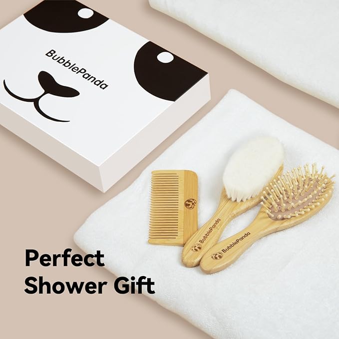 BubblePanda Baby Hair Brush and Comb Set – Ultra Soft Goat Hair Bristles, Natural Bamboo Baby Brush for Cradle Cap, Gentle Grooming Kit, Baby Registry Gift, for Newborns & Toddlers