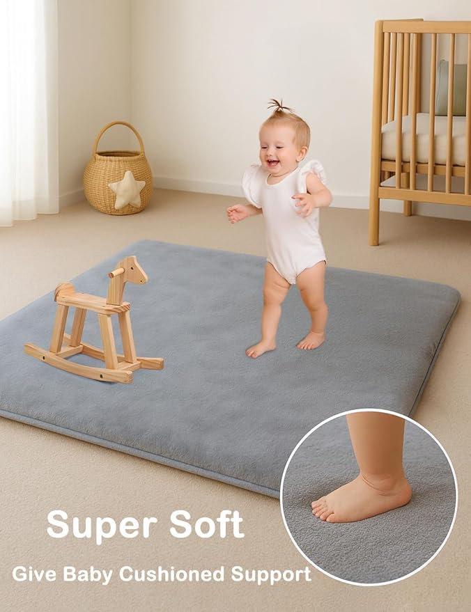Thick Padded Baby Floor Play Mat 1.2" Cushioned Velvet Surface Non Slip Bottom High Density Foam Safe and Soft Floor Mat for Infants Toddlers and Playpen Use (Gray, 71X 59)