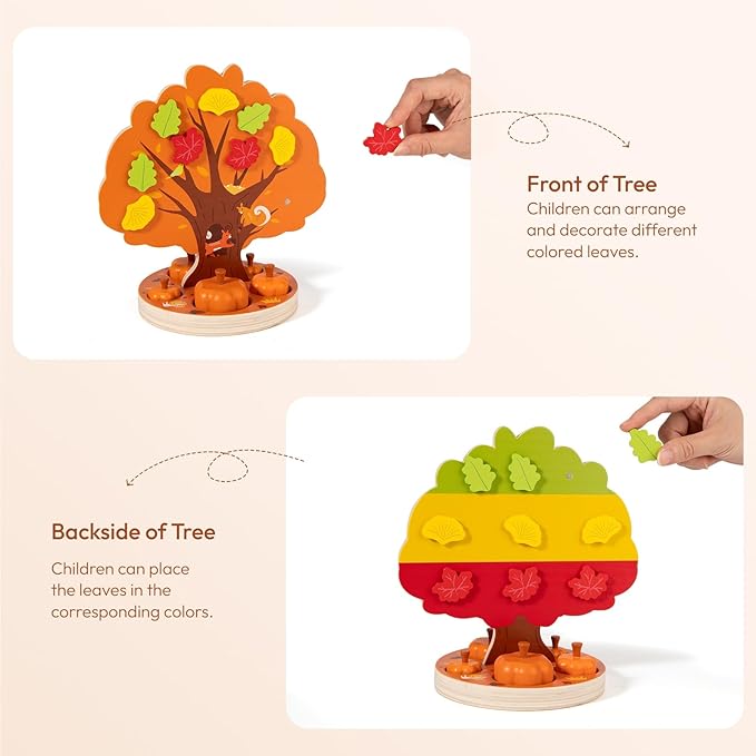 Woodtoe Montessori Toys for 3 4 5 6 Year Old, Pumpkin Picking Magnetic Leaves Tree Toy, Toddler Fine Motor Skill Toy, Wooden Sensory Color Sorting Toys, Autumn Pumpkin Toy Birthday Gifts for Kids 3-6