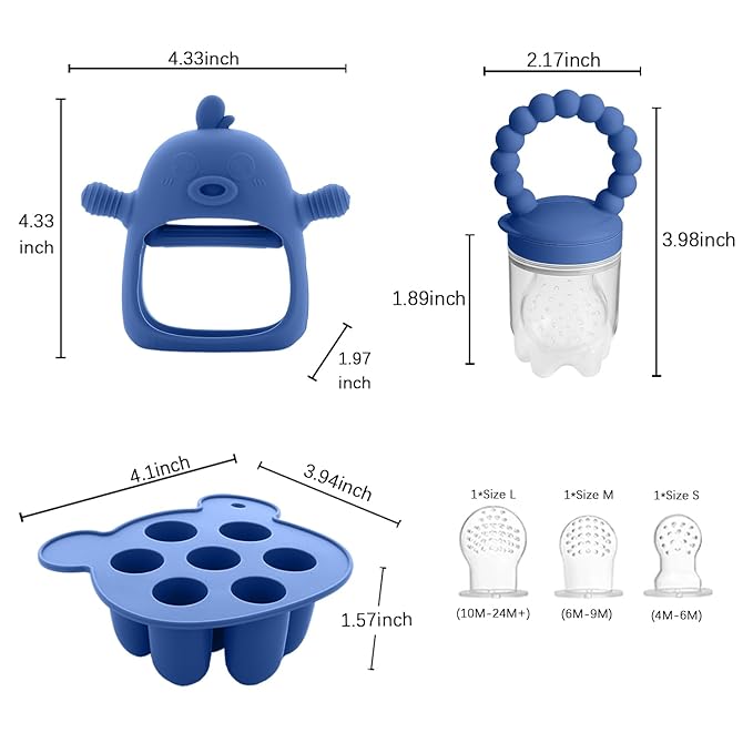 6-in-1 Baby Fruit Feeder Pacifier & Baby Food Feeder Set – Silicone Breastmilk Popsicle Mold with Freezer Tray, Teething Relief Toy, BPA Free Infant Feeder, 3 Sizes (S/M/L) Sacs (Steel Blue)