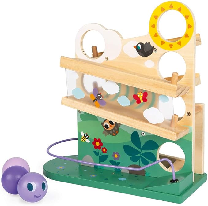 Janod - Wooden Caterpillar Ball Track 11.3x4.7x12 - Motor Skills Development - Boosts Imagination - Encourages Creative Play and Cognitive Growth - Safe Quality Materials