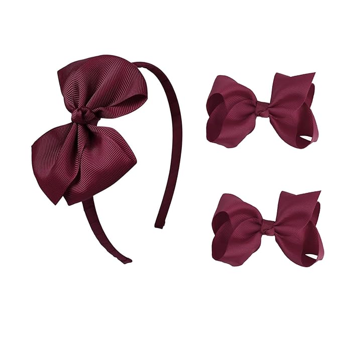 Maroon Bow Headband & 2 Pcs 4 Inch Hair Bows Set, Black School Hair Accessories for Little Toddler School Girls (Maroon)