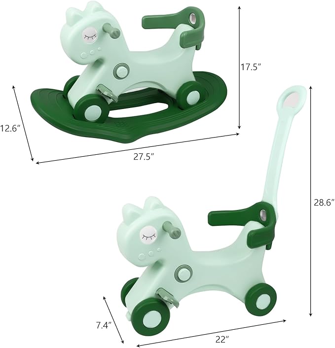 4 in 1 Rocking Horse for Toddlers 1-3 Years Old, Baby Rocking Toy Fun Birthday Gift for 1+ Kids, Ride on Toy with Detachable Balance Board and Footrest，Balance Bike with Push Handle(Green)