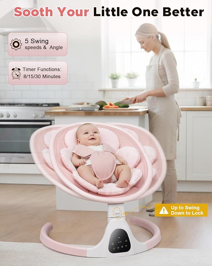 Baby Swing for Infants, Infant Swing with 5 Swing Speed, Built-in Lullabies, 5-Point Harness, Electric Infant Swing with Bluetooth for Indoor & Outdoor Use (Pink)