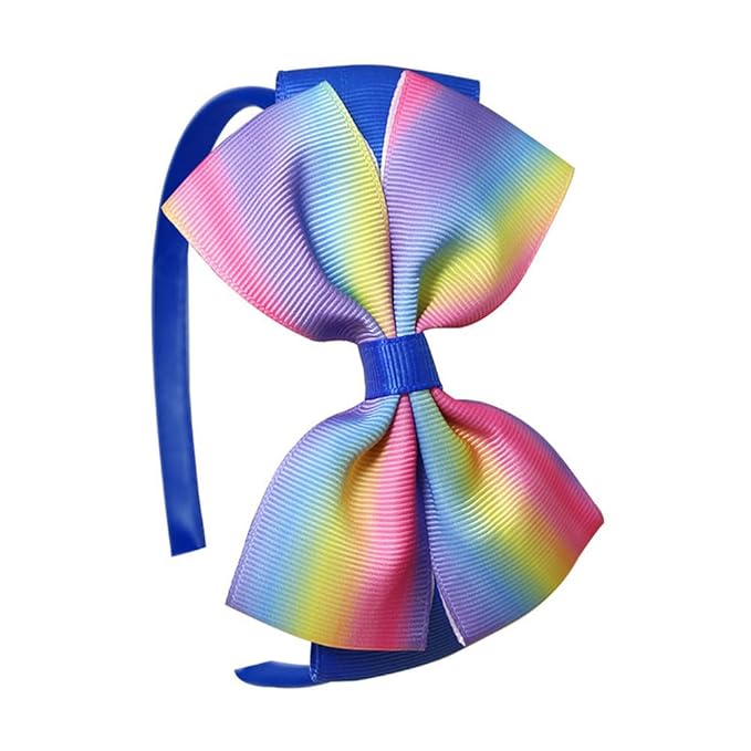 Baby Girl's 4 Inch Double Layer Bow knot Headband Pure Color Ribbed Band Hair Hoop (Rainbow Royal Bllue)