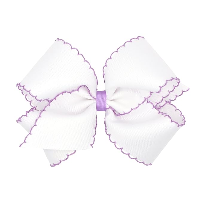 Wee Ones Girls' Classic Grosgrain Moonstitch Edge Hair Bow, No-Slip Hair Clip, Handmade, White with Light Orchid, King