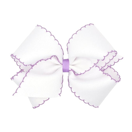 Wee Ones Girls' Classic Grosgrain Moonstitch Edge Hair Bow, No-Slip Hair Clip, Handmade, White with Light Orchid, King