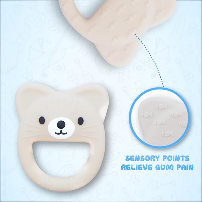 Baby Teether, Safe Chew Toy for Infants, Soothing Relief for Teething Pain, Cute Animal Shape, Easy Grip for Tiny Hands (Beige Cat)