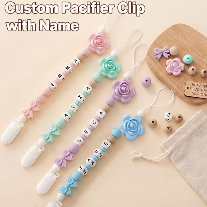 Personalize Name Pacifier Clips,Custom Baby Pacifier Holder Leash with Silicone Beads,Newborn Gift for Boy or Girl