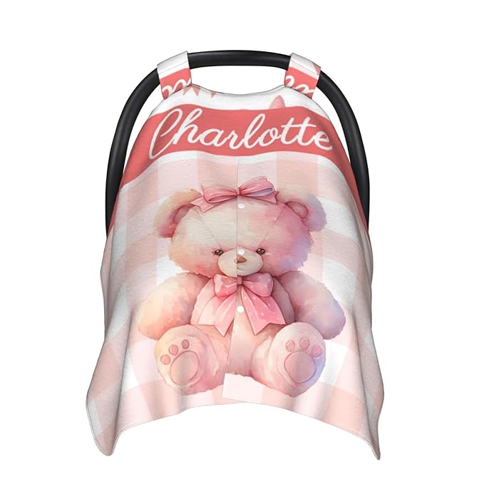 Pink Bow and Bear Custom Name Baby Car Seat Cover – Personalized Nursing Cover for Breastfeeding, Stroller Canopy, Privacy Infant Carseat Canopy, Soft Breathable Newborn Blanket for Girls