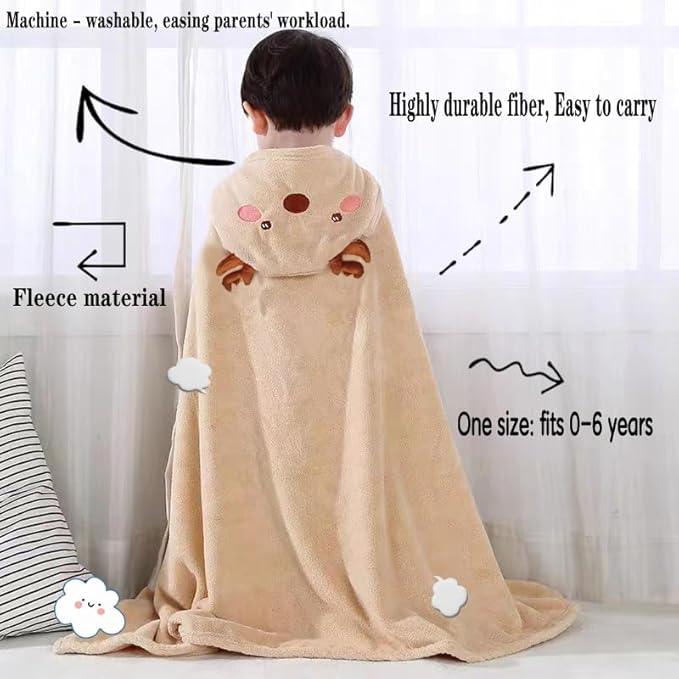 Toddler Baby Bath Towel with Hood 27.5"X55" Ultra Absorbent Soft Cozy Comfort Bathrobe Blanket, 0-6 Years Infant Shower Towel for Girls & Boys(Beige Deer)