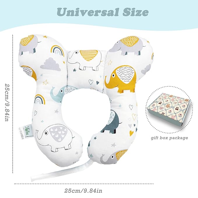 Baby Reversible Travel Pillow for Car Seat & Stroller, Lightweight U-Shaped Comfort Seat Accessory, Elephant Design