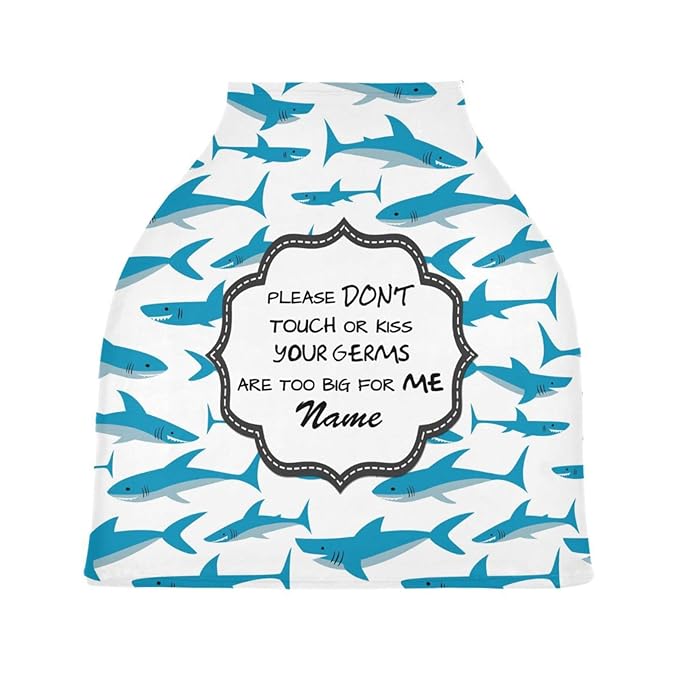 Personalized Shark Baby Boy Carseat Cover with Name, Customized No Touch Sign Stroller Car Seat Canopy, Multiuse Nursing Covers Breastfeeding Scarf, Shower Gift for Newborn Infant Babies