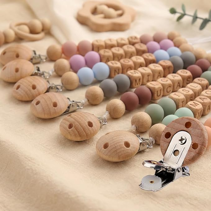 Personalized Baby Pacifier Clip with Name - Custom Wooden Letter & Silicone Beads Chain Holder for Boys Girls Newborn Gift