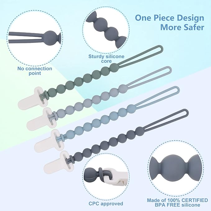 4-Pack Silicone Pacifier Clips with One-Piece Beads for Baby Boys and Girls - Flexible and Rust-Free Holders for Teething Relief and Baby Essentials, Safe for Newborns (Grey)