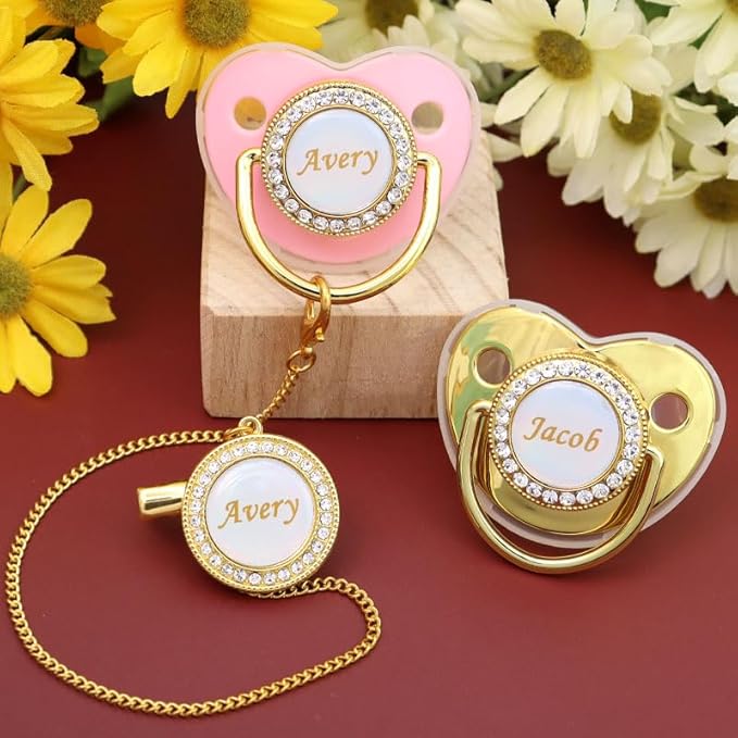 Personalized Pacifier with Name, Bling Gold Pacifier Clip Set Storage Box, Customized Glitter Crystal Luxurious Soother Ideal Gift for Boys Baby Shower Photography Newborn (Silvery) (Golden)