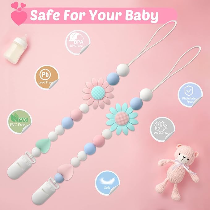 Silicone Pacifier Clip, 2 Pack Pacifier Holder for Boys and Girls, Adorable Sunflower Pacifier Clips Fits for Most Pacifier, Baby Teethers, Baby Shower and Baby Gift(Pink&Green)