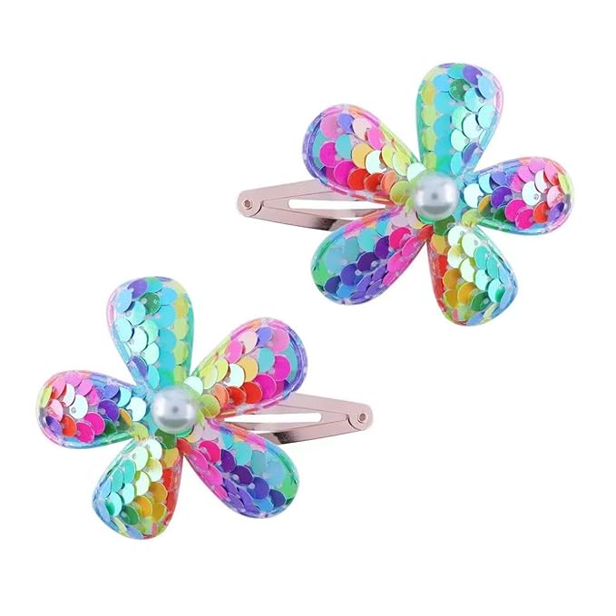 2Pcs Sequins Flower Hair Clips for Girls Cute Snap Hair Clips with Pearl Hair Barrettes Spring summer Hair Accessories Birthday Party Supplies (Colorful flowers)
