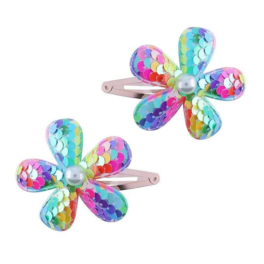 2Pcs Sequins Flower Hair Clips for Girls Cute Snap Hair Clips with Pearl Hair Barrettes Spring summer Hair Accessories Birthday Party Supplies (Colorful flowers)