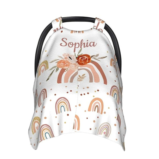 Custom Baby Car Seat Canopy with Name, Personalized Stroller Baby Car Seat Covers for Girls, Minky Nursing Carseat Cover for Breastfeeding, Car Seat Canopies for Infant Newborn(Rainbow)