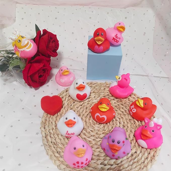 12 Pcs Assorted Rubber Ducks Pink Heart Ducks,Small Rubber Ducks in Bulk Baby Shower Bath Toy for for Jeep Ducking Birthday Party Favors Classroom Incentives