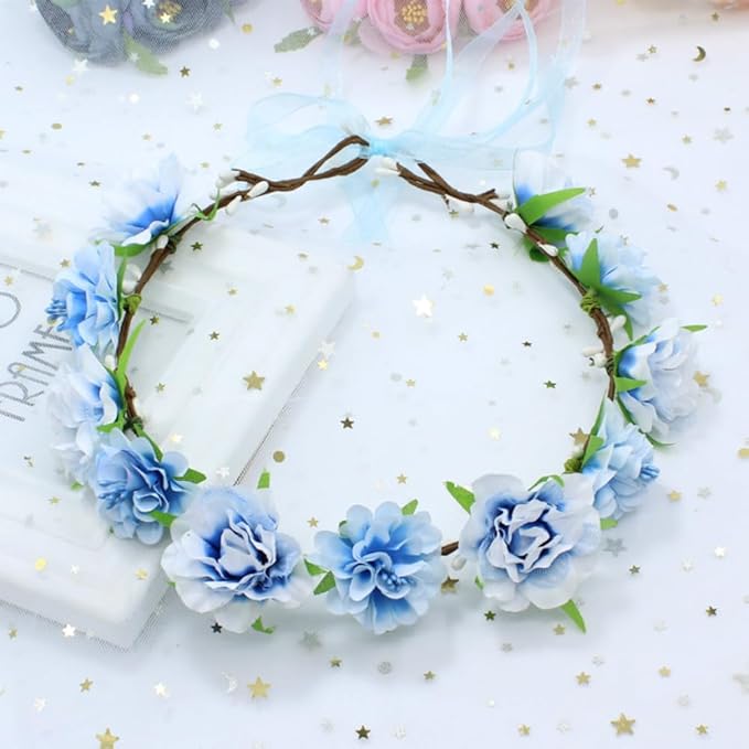 AKOAK 1 Pack Flower Crown, Bohemian Wreath for Girls Floral Tiara, Wedding Headband, Bride Bohemian Wreath/Baby Shower/Photo/Toddler (Blue)