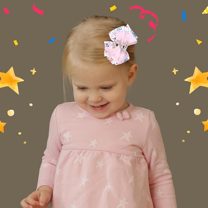 Happy Birthday Hair Bow for Girls,3.5in Glitter Pink Sprinkle Bow Clips Barrettes Alligator Hair Pins for Teens,Toddlers,Kids,2nd Birthday Ice Cream Party Decor Accessories Gift