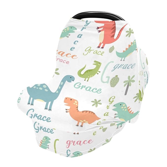 Personalized Dinosaur Baby Car Seat Cover for Boys, Customized Infant Carseat Covers with Name, Multi Use Nursing Cover Breastfeeding Scarf, Stroller Sun Shade Cover Canopy