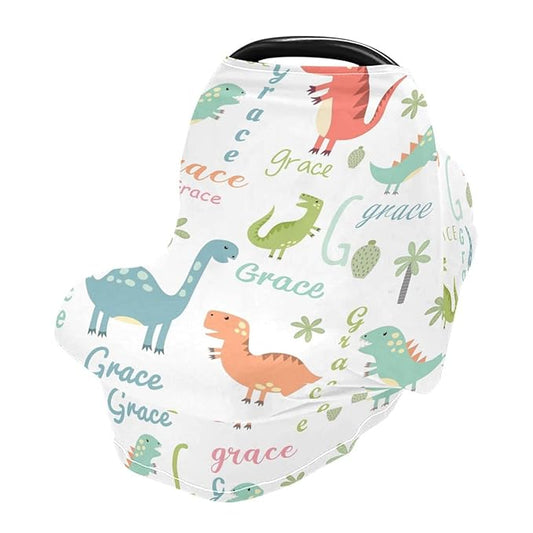 Personalized Dinosaur Baby Car Seat Cover for Boys, Customized Infant Carseat Covers with Name, Multi Use Nursing Cover Breastfeeding Scarf, Stroller Sun Shade Cover Canopy