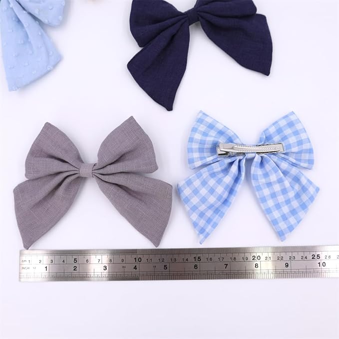 4 PCS Sailor Bow Hair Clips for Kids Girls Women Linen cotton Hair Bow Alligator Clips Baby Toddler Girl Mom Hair Accessories (Blue/Grey)