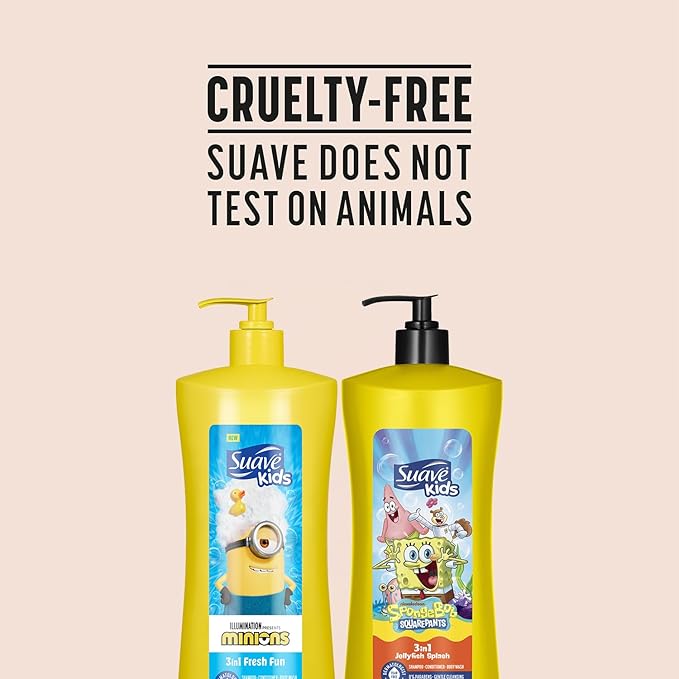 Suave Kids 3-in-1 Variety 2-Pack – Minions Fresh Fun + SpongeBob SquarePants JellyFish Splash Tear-Free Shampoo, Conditioner & Body Wash, 28 Oz Ea