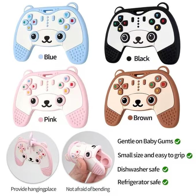Baby Teething Toy, Soft TV Remote and Game Controller Shape Chew Set, Educational Toy for Intellectual Development, Safe Silicone for Toddler and Infant (Black (Panda Handle + Lion Remote Control))