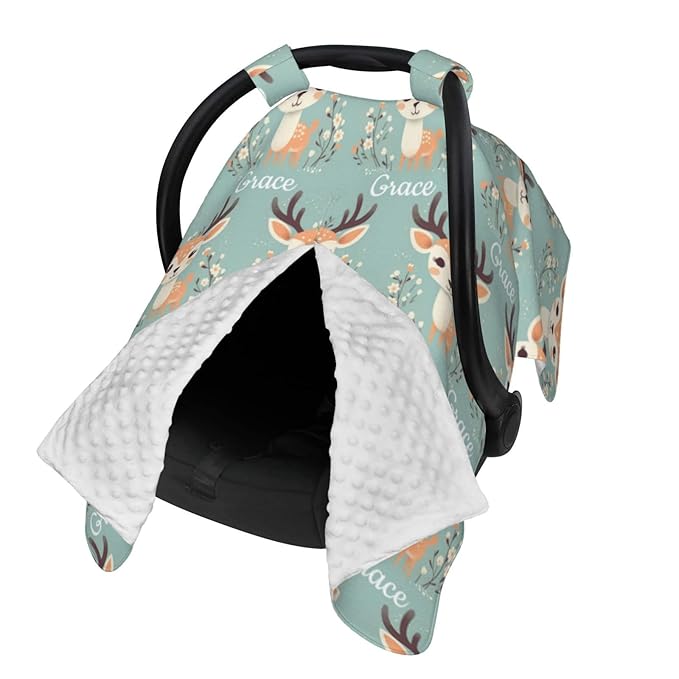 Personalized Baby Car Seat Canopy for Babies with Name, Custom Car Seat Covers for Boys Girls, Infant Opening Minky Nursing Breastfeeding Stroller Cover Carseat Canopies for Newborn (Woodland Deer)
