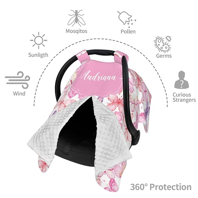 Personalized Baby Car Seat Canopy with Name – Custom Pink Butterfly Minky Nursing Cover for Girls, Soft Stroller Cover for Infants & Newborns, Carseat Canopy for Breastfeeding