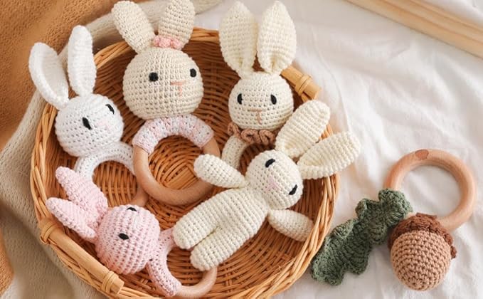 Wooden Baby Rattle，Crochet Bunny Rattle with Wood Ring, Newborn Wooden Animal Rattle Toy，Infant White Bunny Wood Rattle Toys