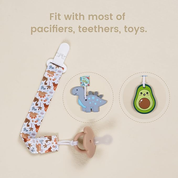 Baby Pacifier Clip,Paci Leash Binky Clips for Baby Boys and Girls,Newborn Essentials,Pack of 6 Gift Set. (Dinosaur)