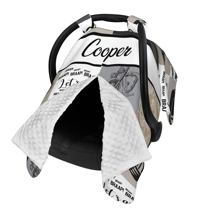 Personalized Baby Car Seat Canopy for Babies, Custom Name Car Seat Covers for Baby Boy, Opening Minky Nursing Breastfeeding Cover for Infant, Carseat Canopies for Newborn (Motorcycle)