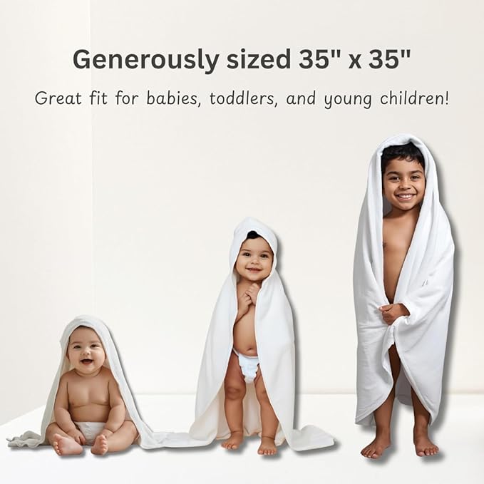 Hooded Baby Toddler Towel and Washcloth Set Made with Viscose from Bamboo, Large Size of 35" x 35", Soft and Absorbent, Baby Essential in White
