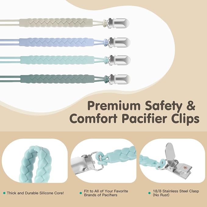 TenderBabe Silicone Pacifier Clip for Baby Boys and Girls, Pack of 6 Soft Flexible Paci Binky Clips with One-Piece Braided-Style Design,BPA-Free Newborn Essentials