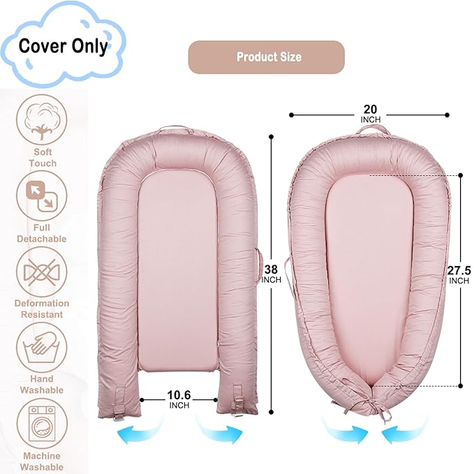 Baby Lounger Cover for Newborns, 100% Cotton Soft Portable Baby Nest Lounger Cover, Breathable Infant Lounger Replacement Cover, Lounger Pillow Cover Fit for Snuggle Me, Cover Only(Pink)