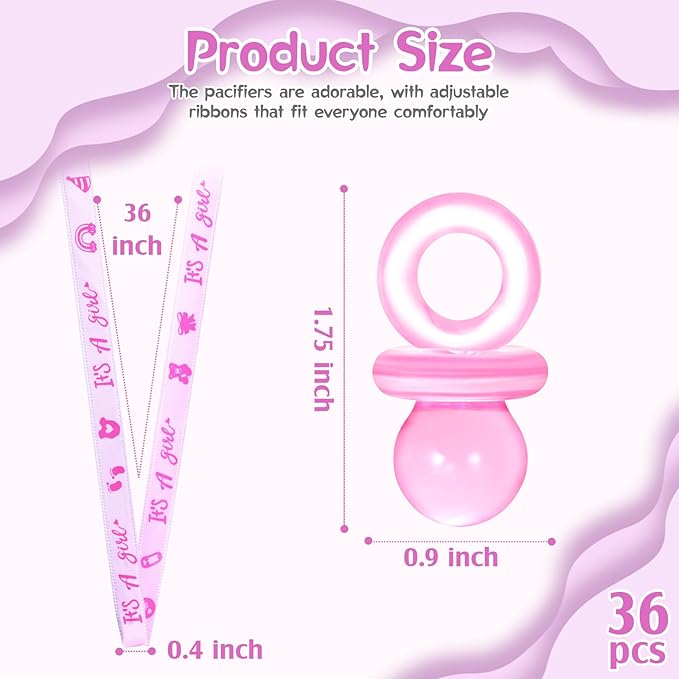ZYFLSQ 36 Pieces Baby Shower Pacifiers Necklace, Cute Acrylic Pacifier Necklaces for Baby Shower Games Girls Charm, Party Favors, Decorations DIY, Gender Reveal Table Scatter(Pink)