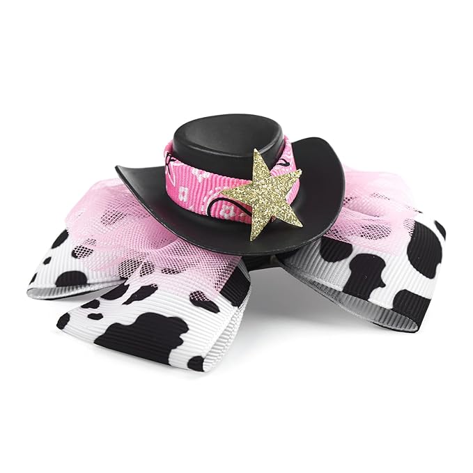YanJie 3.5’’ Cowgirl Hat Bow Clips for Girls Western Hair Accessories Cow Print Bows Rodeo Outfit for Girl Birthday Gifts Back to School Clip