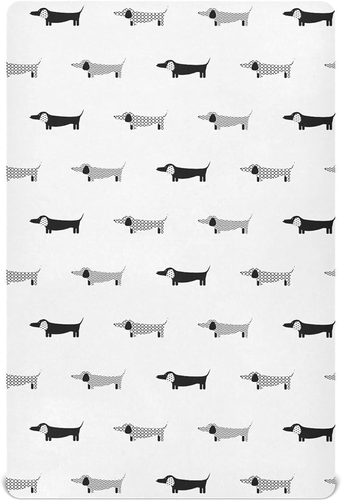 Fitted Crib Sheets Dachshund Black and White Dogs Stretchy Portable Playard Sheets for Baby Toddler, Breathable Soft Mini Crib Mattress 39 x 27 in for Boys and Girls