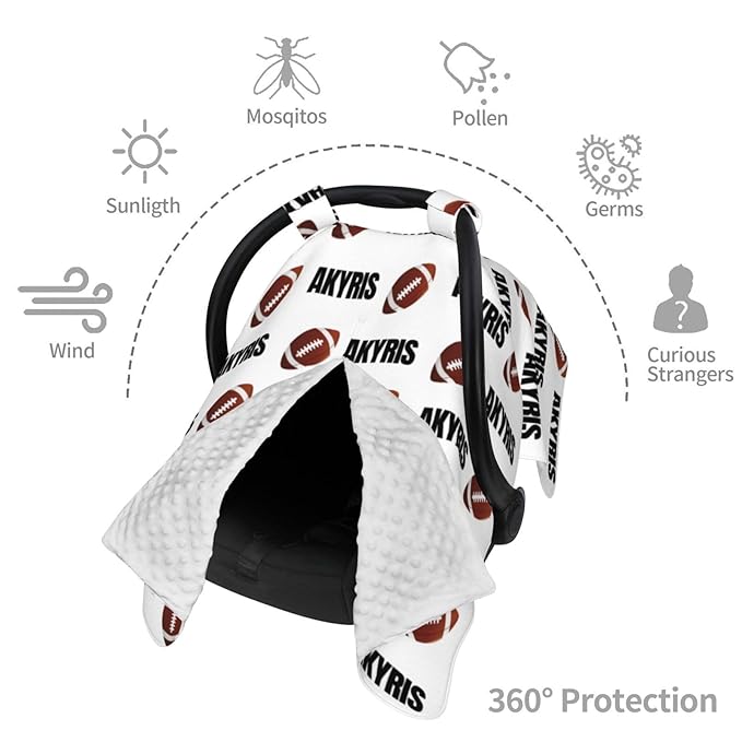 Personalized Baby Car Seat Canopy with Name, Football Infant Car Seat Cover, Nursing & Breastfeeding Stroller Cover, Newborn Shower Gift for Baby Boys