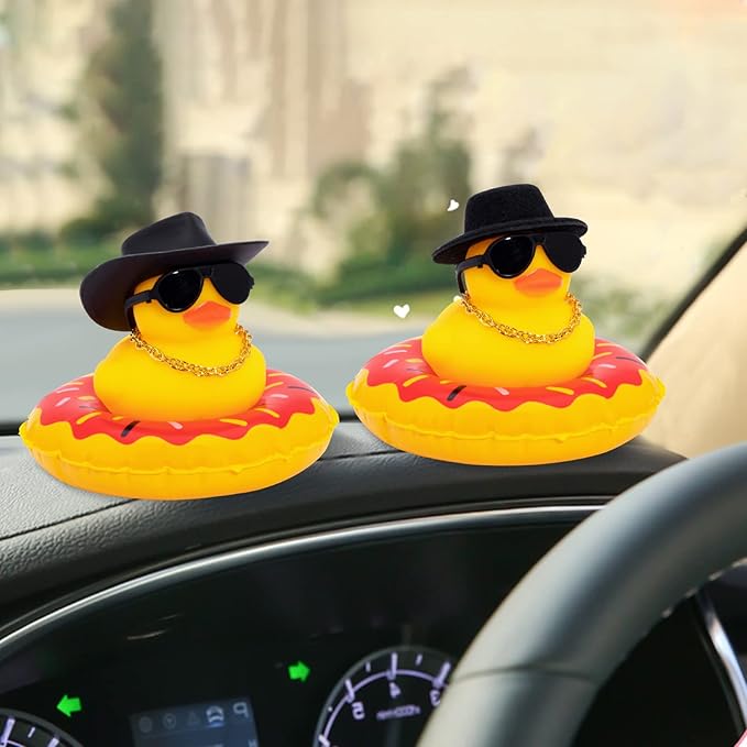 wonuu Car Rubber Duck, Yellow Duck Decoration Dashboard with Sun Hat Swim Ring Necklace Sunglasses for Car Dashboard Decorations