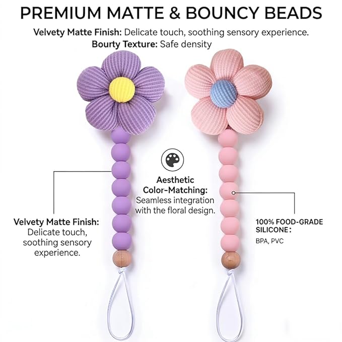 2pcs Flower Pacifier Clip, Silicone Bead Pacifier Clip for Baby Girls Pink Purple Color Daisy Birthday Christmas Gift(B)