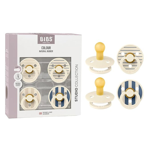 BIBS Studio Pacifier 4-Pack, BPA Free Pacifiers, Round Nipple. Natural Rubber Latex, Made in Denmark, Size 1 (0-6 Months), Ivory