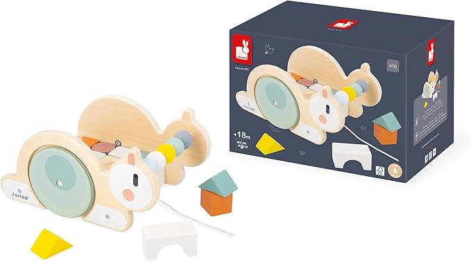 Janod Sweet Cocoon - Wooden Pull-Along Snail Cube Trolley - 17 Piece Set - Ages 18 Months - 3 Years - J03354
