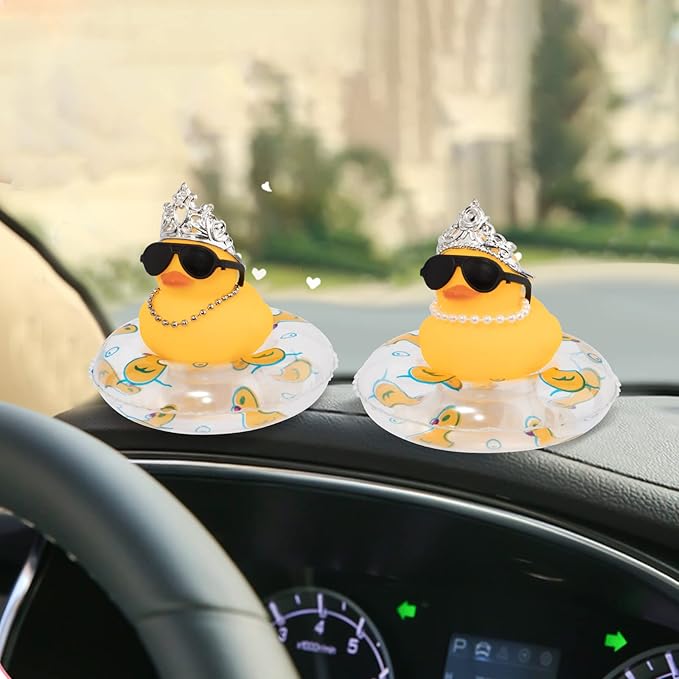 wonuu Car Duck Rubber Duck Car Ornaments Duck Car Dashboard Decorations with Cute Headband Swim Ring Necklace Sunglasses, C-Female Crown&Chain